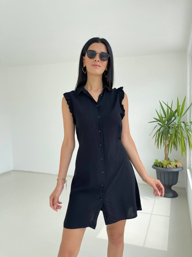 Siyah Kolları Fırfırlı Gömlek Elbise