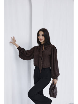 Kahve Yakası Fularlı Salaş Bluz 5021-Kahve