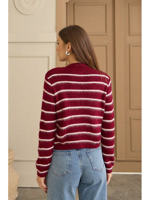 Bordo Çizgili Gold Düğmeli Hırka