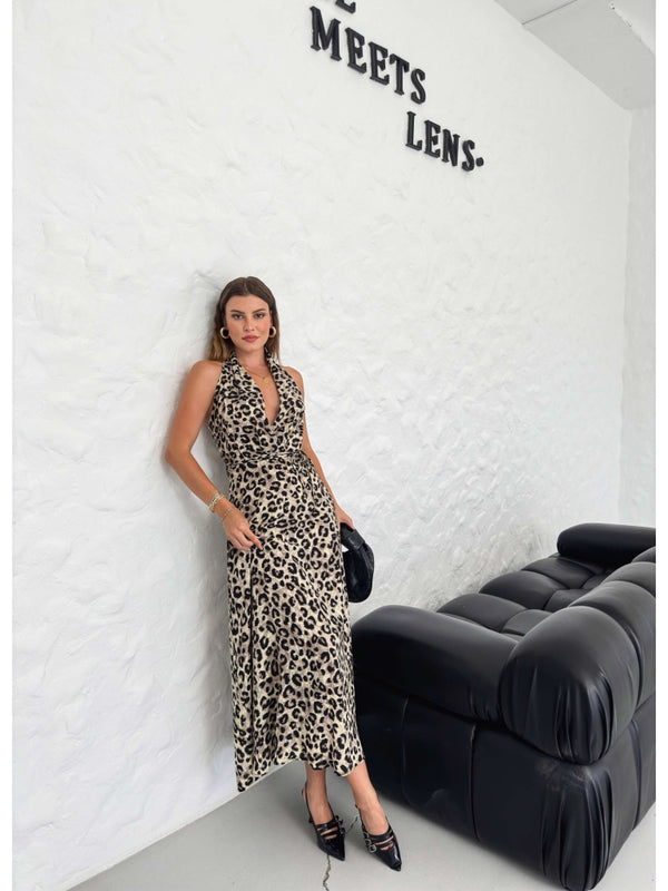 Leopar Boyun Detaylı Elbise