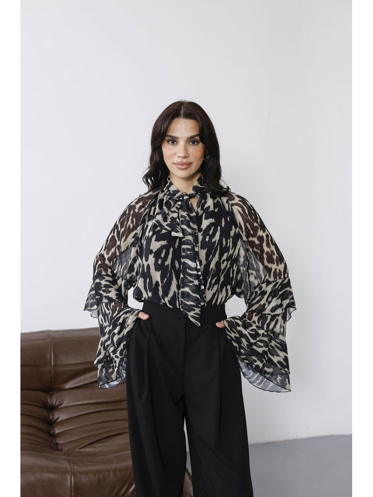 Siyah Leopar Desenli Şifon Bluz 5024-Siyah
