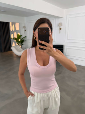 Pembe Kalın Askı V Yaka Body 24172-Pembe