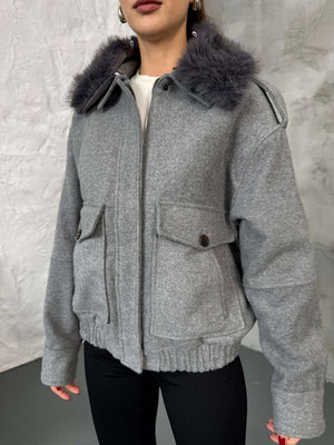 Gri Kaşe Yakası Kürklü Mont 580564-GRİ