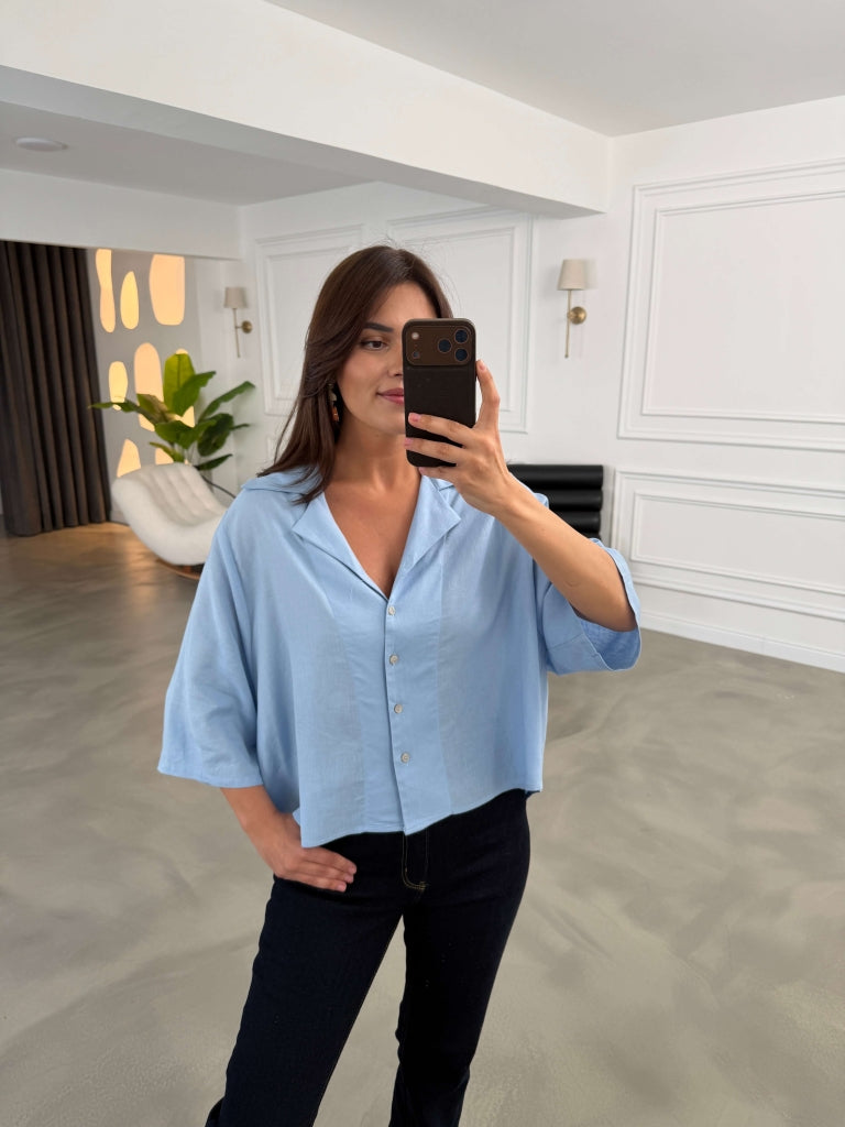 Bebe Mavi Oversize Keten Gömlek 4982-Bebe Mavi
