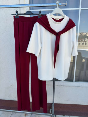 Bordo Fular Detaylı Pantolon Takım 4116-Bordo