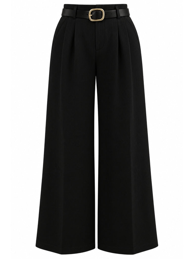 Siyah Gold Kemerli Tencel Pantolon 1569-Siyah