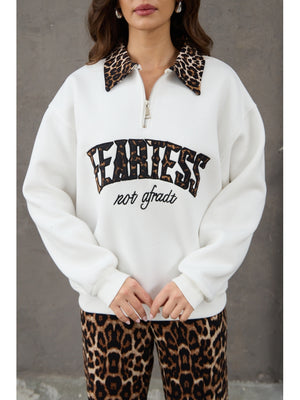Beyaz Leopar Nakışlı Polo Yaka Sweat