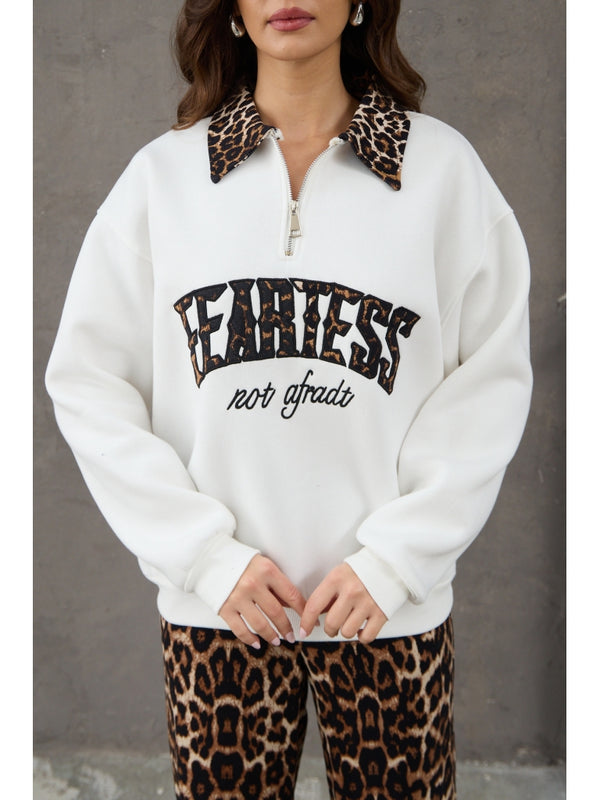 Beyaz Leopar Nakışlı Polo Yaka Sweat