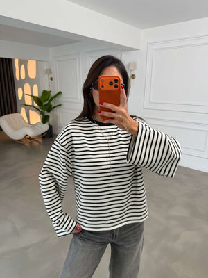 Beyaz Siyah Çizgili Oversize Sweat 12613-Siyah