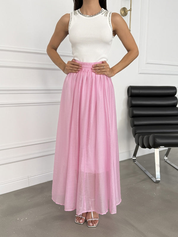 Pembe Bel Lastikli İpeksi Etek 5088-Pembe
