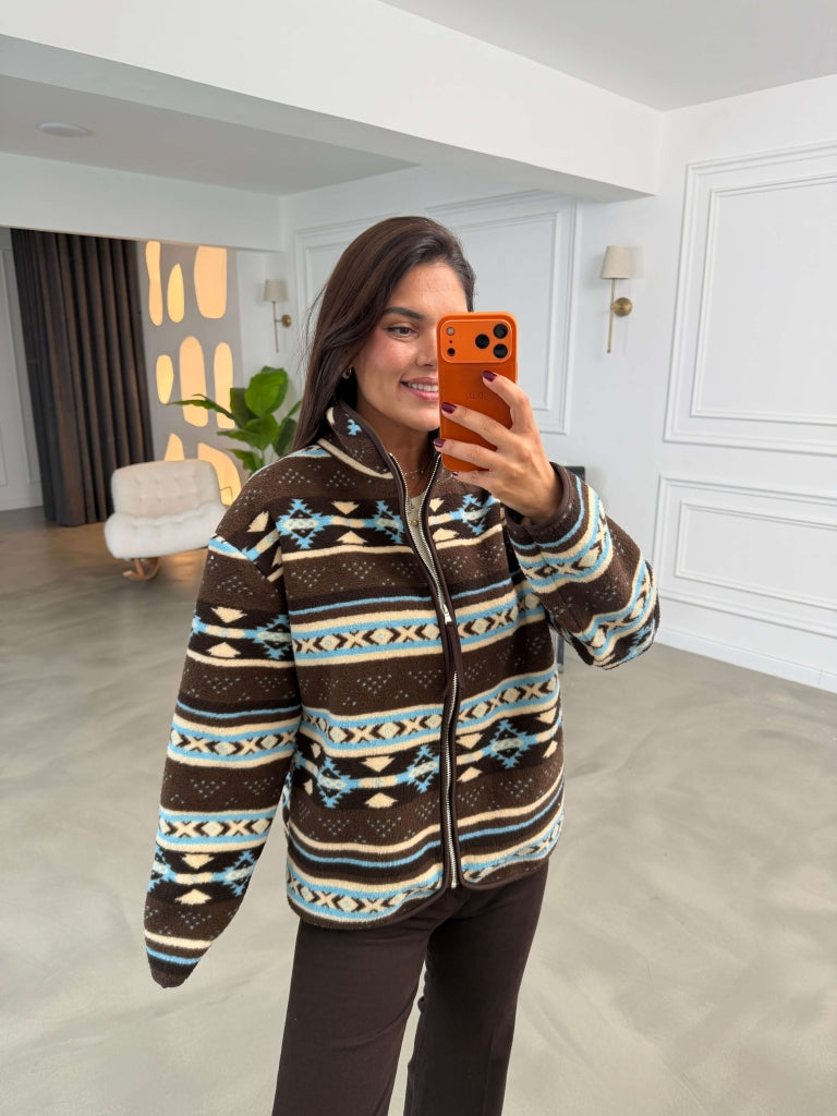 Acı Kahve Desenli Ön Fermuarlı Peluş Sweat 4219-Acı Kahve