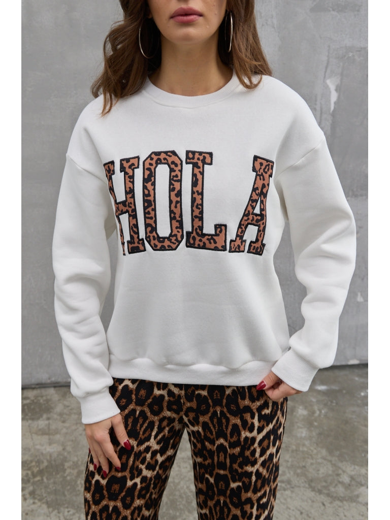 Beyaz Şardonlu Hola Yazılı Sweat