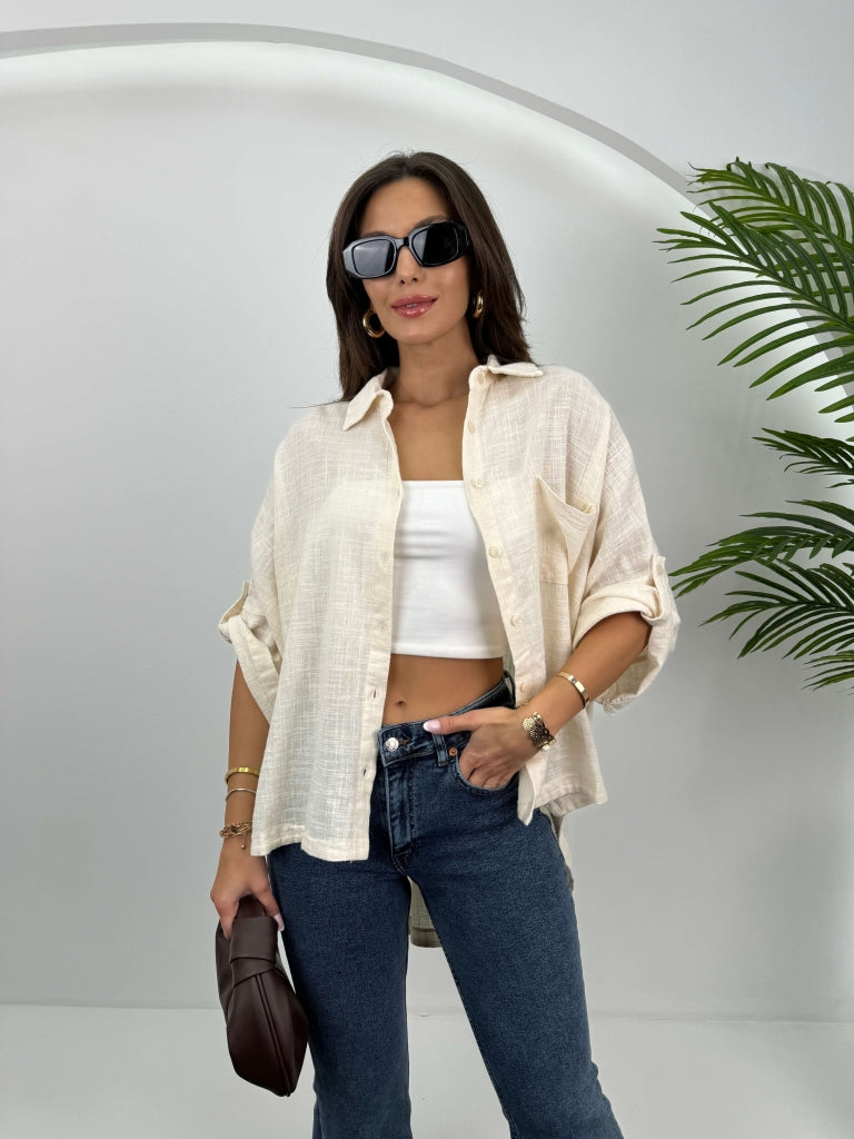 Taş Düşük Kol Oversize Gömlek