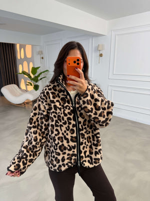 Leopar Ön Fermuarlı Peluş Sweat 22889-Leopar