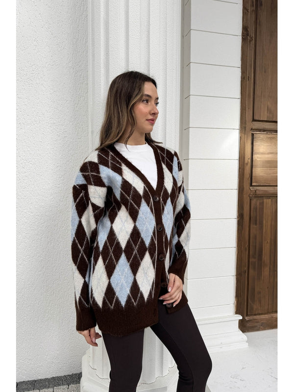 Kahve Mavi Baklava Desen Hırka 10143-Kahve Mavi