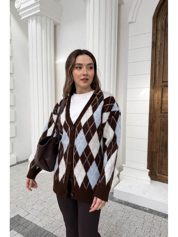 Kahve Mavi Baklava Desen Hırka 10143-Kahve Mavi