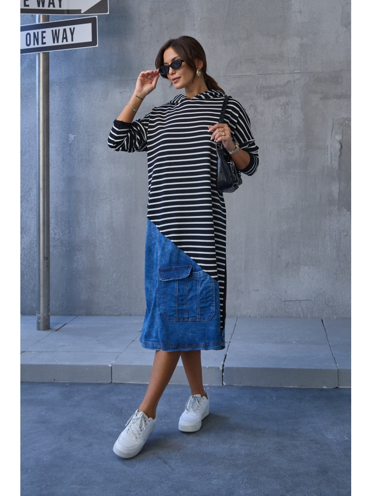 Çizgili Jean Detay Sweat Elbise EY8047