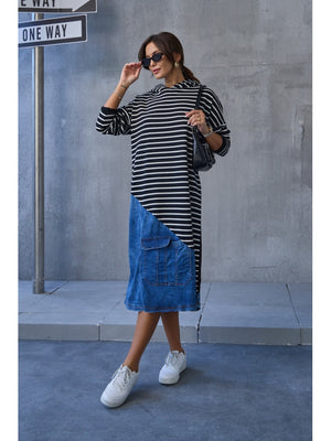 Çizgili Jean Detay Sweat Elbise EY8047