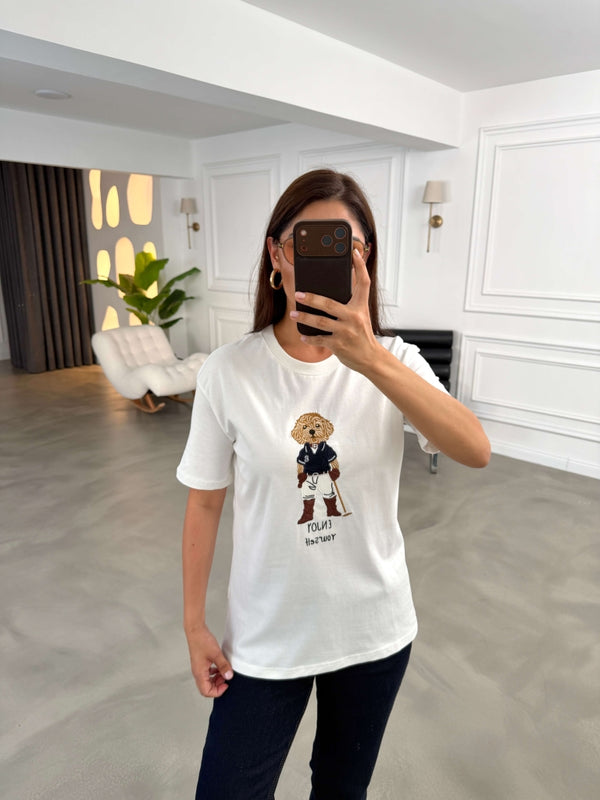 Beyaz Hayvan Nakışlı Tshirt 11825-Beyaz