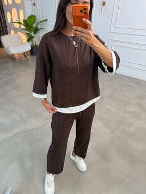 Kahverengi Eteği Garnili Sweat Takım 11950-Kahverengi