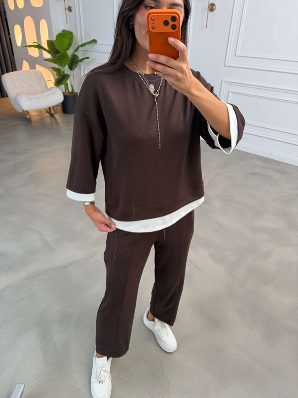 Kahverengi Eteği Garnili Sweat Takım 11950-Kahverengi