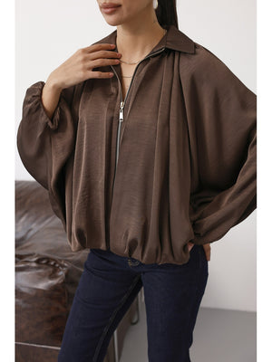 Kahverengi Ön Fermuarlı Bomber Saten Ceket 9584-Kahverengi