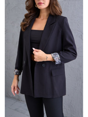Siyah Leopar Kol Katlamalı Blazer Ceket