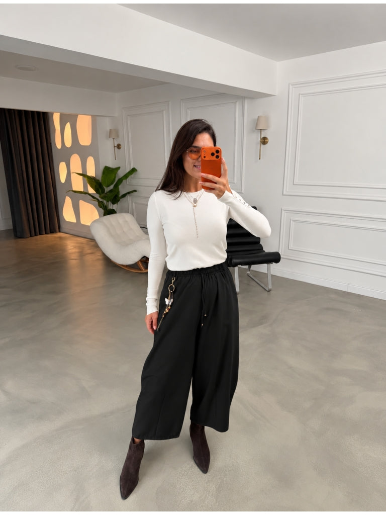 Siyah Bel Bağcıklı Charmlı Pantolon 51489-Siyah