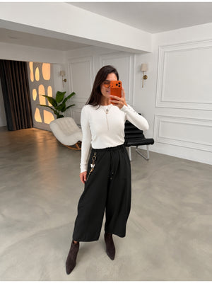 Siyah Bel Bağcıklı Charmlı Pantolon 51489-Siyah