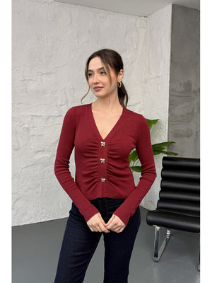 Dilvin  Bordo V Yaka Düğmeli Triko Kazak 10805-Bordo
