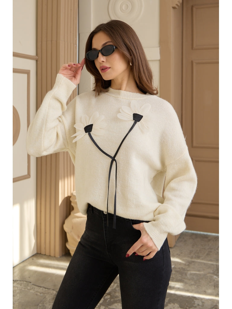 Ekru Keten Çiçekli Oversize Kazak