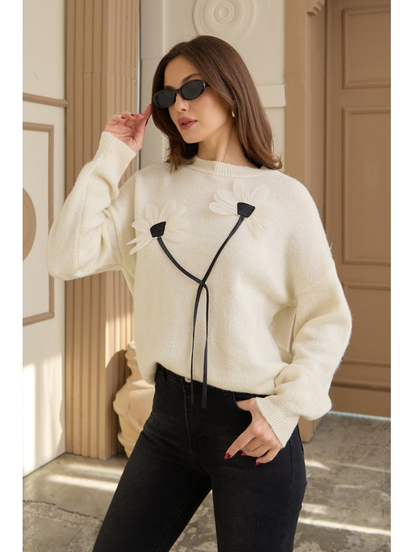 Ekru Keten Çiçekli Oversize Kazak