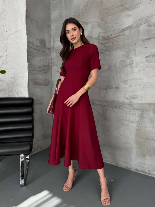 Bordo Maxi Boy Volanlı Elbise