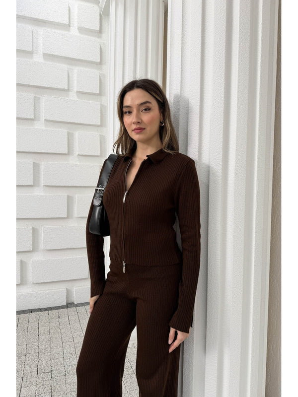 Kahverengi Çift Fermuarlı Fitilli Triko Takım 0103-Kahverengi