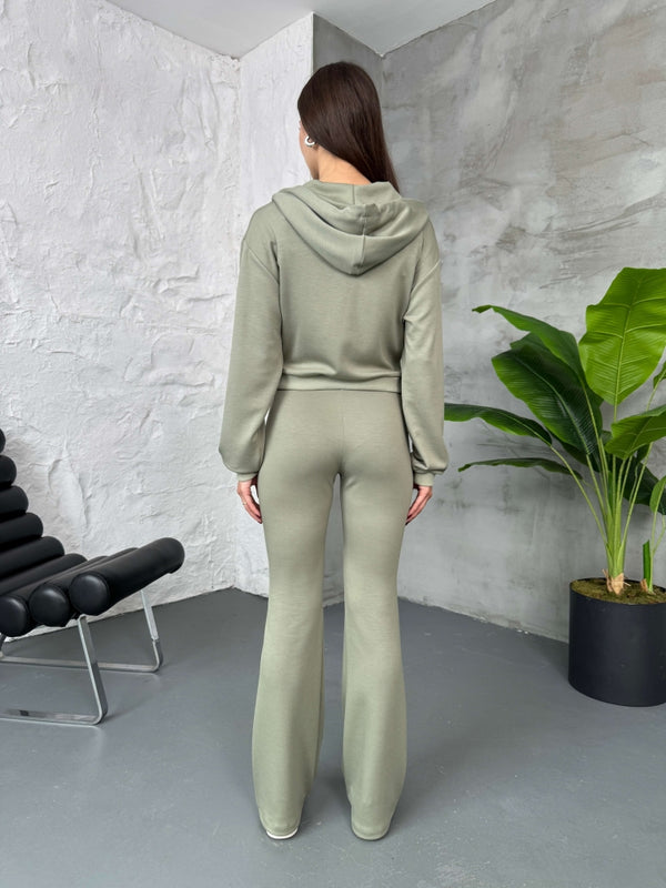 Haki Dikiş Detay Fermuarlı Sweat Takım