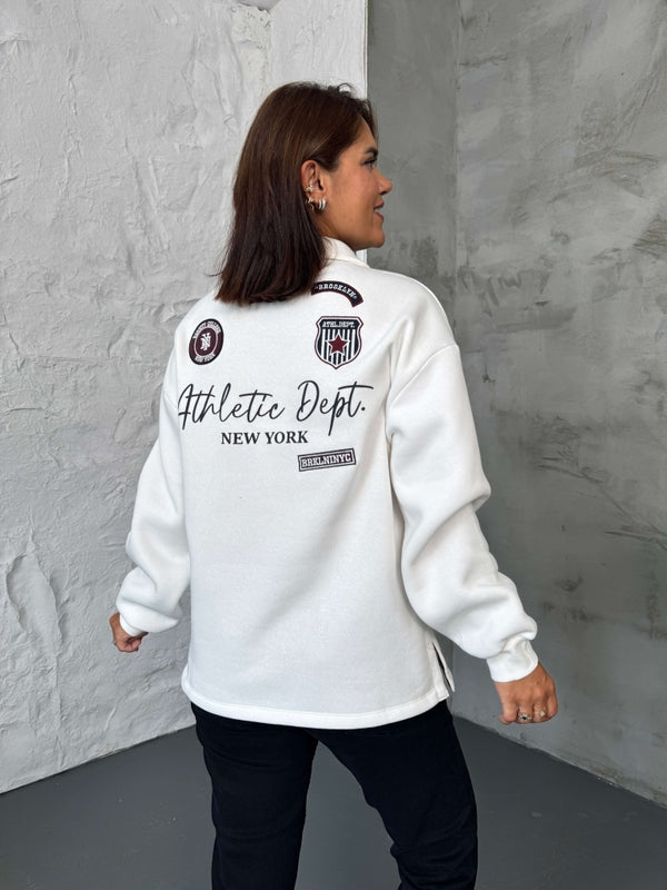 Beyaz Arma Nakışlı Polo Yaka Sweat