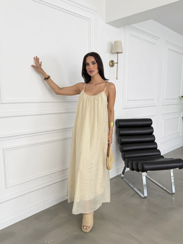 Taş Tencel Pelerin Bluzlu Elbise 51361-Taş