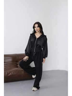 Siyah Saten Detaylı Fermuarlı Takım 2101-Siyah
