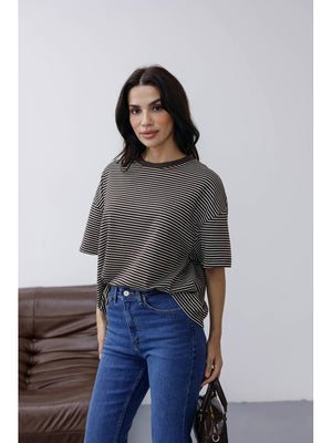Kahverengi Çizgili Orj Marka Oversize Tshirt 6274-Kahverengi
