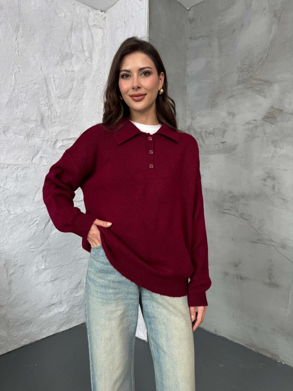 Bordo Polo Yaka Düğmeli Triko Kazak 2482-BORDO