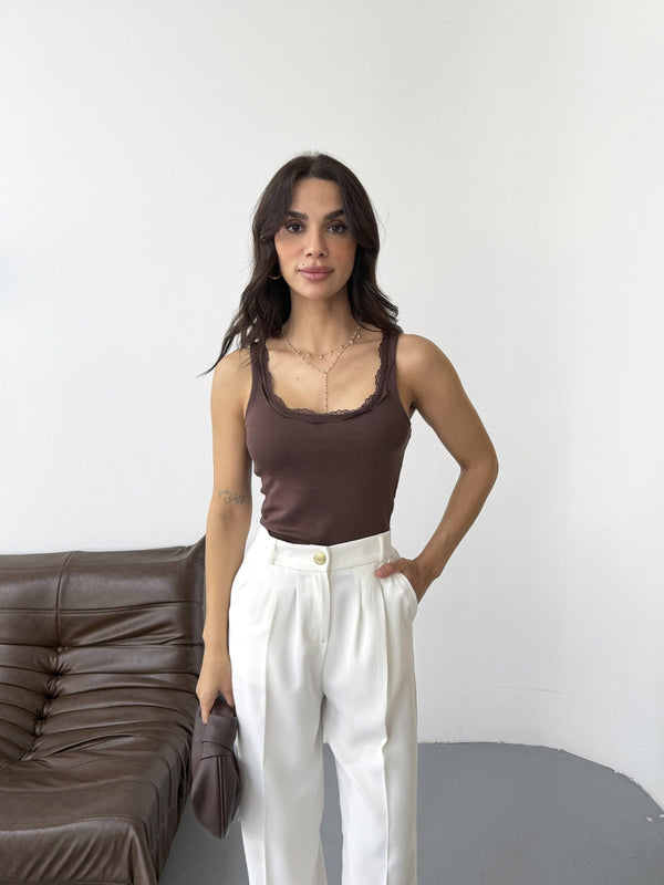 Kahve Yakası Dantelli Atlet 1053-Kahve
