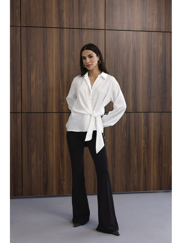Beyaz Yan Bağlamalı Tencel Gömlek 0897-Beyaz