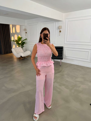 Pembe Gipeli Bluzlu Keten Takım 580960-Pembe
