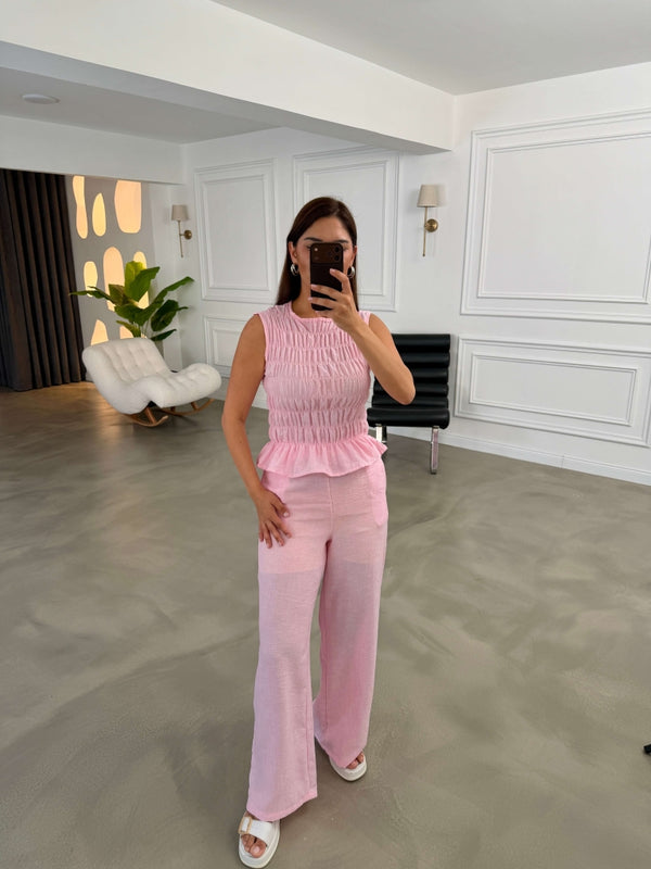 Pembe Gipeli Bluzlu Keten Takım 580960-Pembe