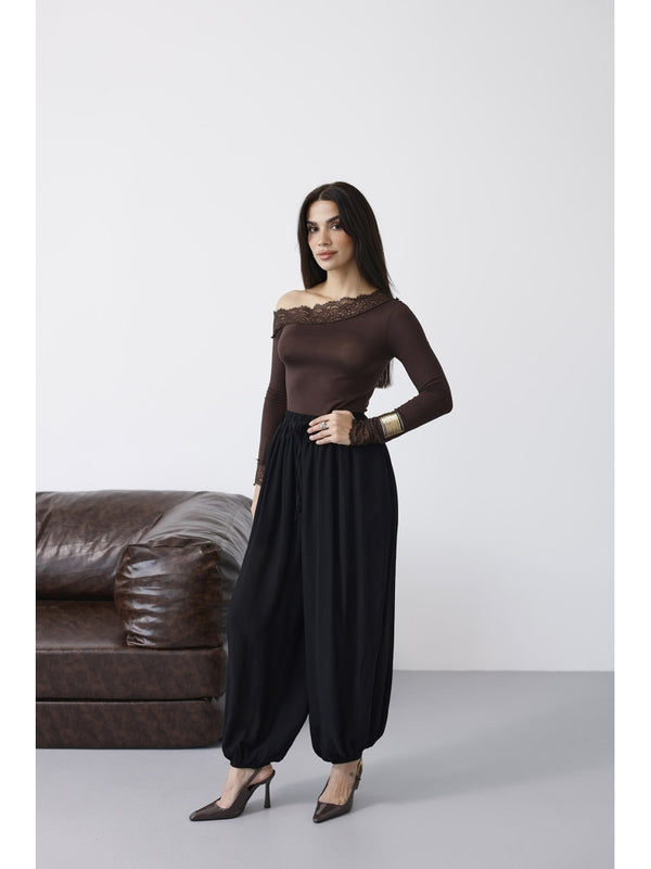 Siyah Paçası Lastikli Şalvar Pantolon 51316-Siyah