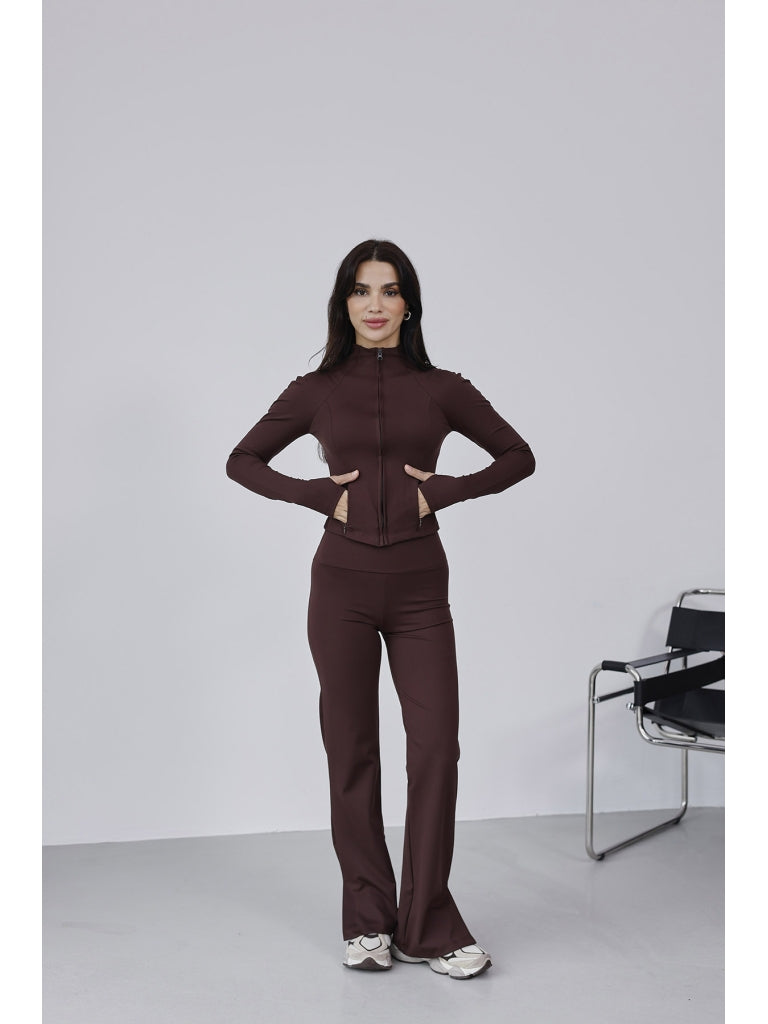 Acı Kahve Parmak Geçirme Detaylı Tayt Takım 4063-Acı Kahve