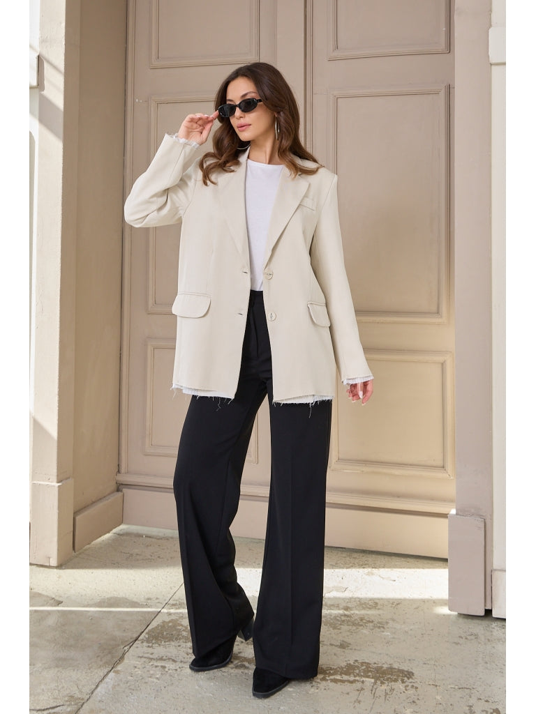 Taş Premium Kumaş Astarı Çizgili Blazer Ceket 50142-Taş