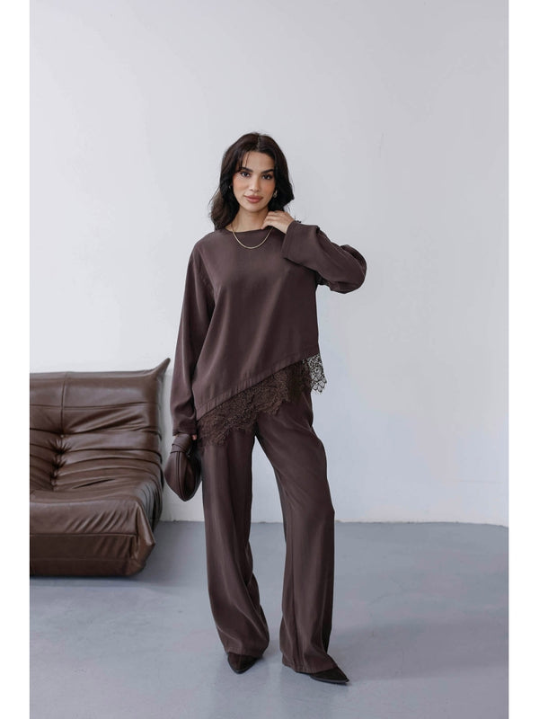 Kahverengi Etek Ucu Dantelli Tencel Takım 2801-Kahverengi