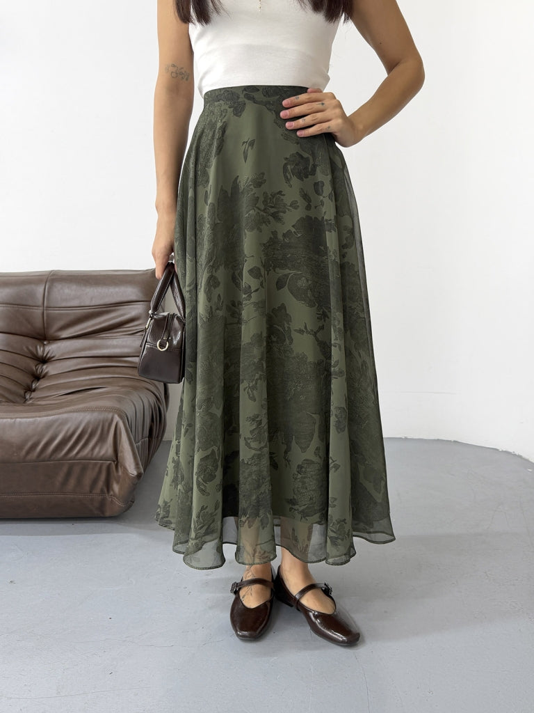 Yeşil Çiçek Detaylı Şifon Etek 0613-Yeşil