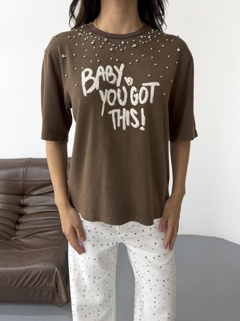 Kahverengi Taş İşleme Baskılı Tshirt 8139-Kahverengi